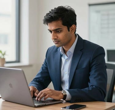 A focused South Asian account manager in a modern corporate attire, looking at a laptop screen with data visualizations. The setting is a clean, bright office in India with soft natural light and professional navy blue accents.