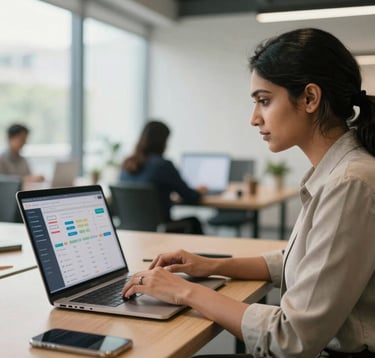 A professional South Asian woman in business casual attire working on a laptop in a bright, modern Indian coworking space, screens displaying e-commerce analytics and marketplace dashboards, soft natural light.
