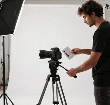 A professional product photography studio setting in India, with a clean white backdrop, high-end camera equipment on a tripod, and a stylist arranging retail products for a catalog shoot, bright and even studio lighting.