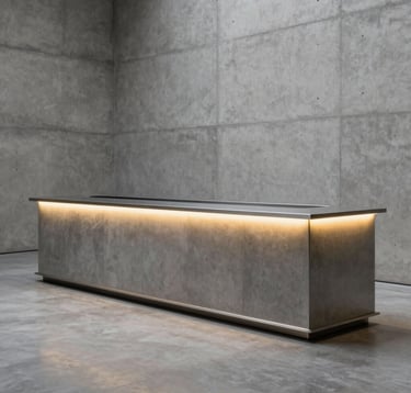 A sleek, modular event bar with integrated yellow LED lighting strips, positioned in a minimalist slate grey concrete gallery space, North American / Urban.