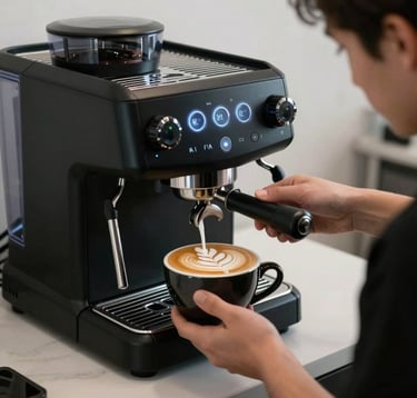 A sleek matte black espresso machine with glowing light blue-grey accents. A professional barista is pouring complex latte art into a dark ceramic cup. The setting is a minimalist, modern tech-office environment in a North American city.