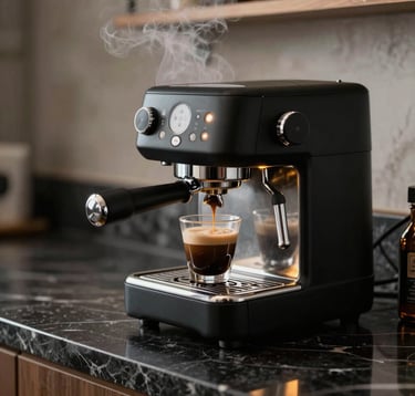 Luxury matte black espresso setup on a dark marble counter, steam rising, warm yellow accent lights reflected in the chrome metal, North American / Urban style.