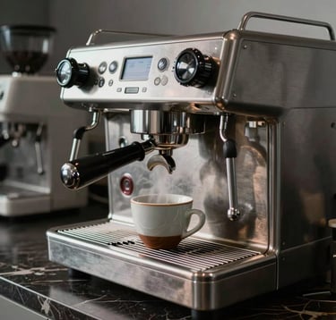 A professional espresso machine in brushed silver, steaming a ceramic cup. Dramatic lighting highlights the texture of the dark marble counter in a sleek modern laboratory setting. North American / Urban.
