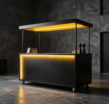 A minimalist, modular mobile bar with a sleek matte black finish and integrated vibrant yellow LED lighting strips. The scene is a modern, high-ceiling urban event space with dark gray concrete walls and cinematic shadows.