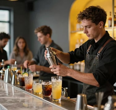 Fast-paced luxury bar service in a packed North American urban lounge, glowing liquids, motion blur of a silver shaker, vibrant atmosphere with deep grey and yellow accents.