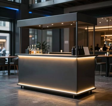 A modular, minimalist mobile bar in matte charcoal with glowing yellow LED strips along the base. Set in a high-end urban event space with steel blue ambient lighting. North American / Urban.