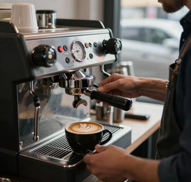 A barista in modern dark attire preparing an espresso on a stainless steel and black matte machine. Branded latte art is visible on a cup in the foreground. Sharp, dramatic lighting in an urban North American setting.