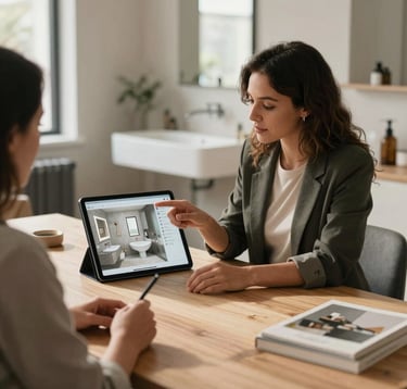 Interior design studio in Los Angeles, California. A professional designer is presenting a 3D digital rendering of a modern bathroom on a tablet to a client. The table is made of light wood, and the atmosphere is filled with natural light and sophisticated decor.