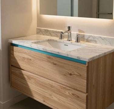 A professional interior design photograph of a custom bathroom vanity in a Los Angeles apartment. The vanity is made of light wood with a marble countertop, featuring sleek aqua blue accents and modern fixtures. The lighting is warm and elegant.