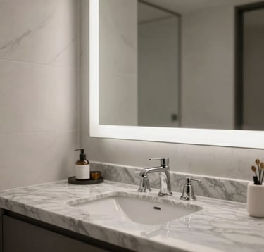 A luxury interior photography shot showing a bathroom transformation in Los Angeles. The focus is on a marble gray countertop with high-end fixtures and a minimalist mirror, reflecting a clean and modern design.