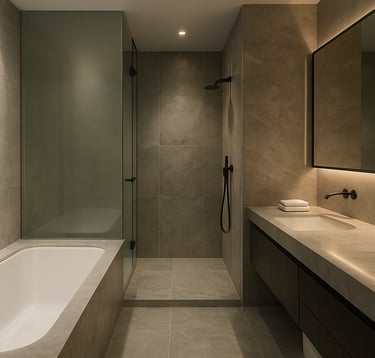 Elegant photography of a modern bathroom suite in Los Angeles. The style is high-end spa luxury, with soft lighting reflecting off glass surfaces and marble gray textures. The atmosphere is quiet and sophisticated.
