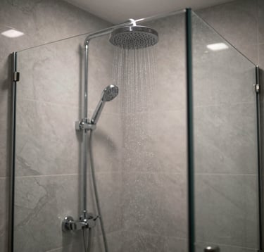 A close-up photograph of a modern walk-in shower in a North American home. The shower features frameless glass, marble gray tiles, and a high-end chrome rainfall showerhead. Soft lighting highlights the water droplets, creating a sense of luxury and relaxation.