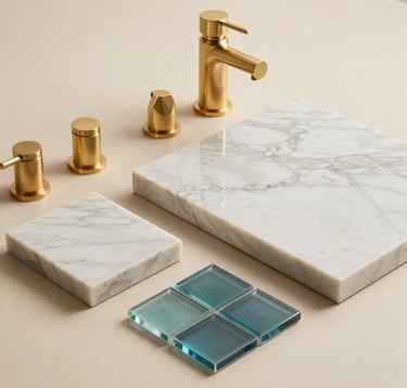 A refined collection of high-end materials including off-white marble slabs, brushed gold bathroom fixtures, and small aqua blue glass tile samples arranged elegantly on a soft beige surface. Studio lighting emphasizes the textures and luxury quality.