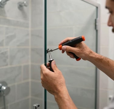 Close-up of a skilled artisan in North American / US (Los Angeles, California) meticulously installing a custom glass shower door in a bright, modern bathroom. The setting includes slate gray tiles and professional high-end tools, focusing on precision.
