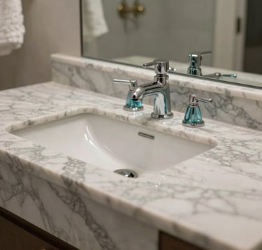 Close-up photography of a custom marble vanity in a luxury Santa Monica bathroom. The lighting is soft and flattering, highlighting the natural gray veining of the stone and elegant aqua blue glass accents. North American / US (Los Angeles, California) interior design style.