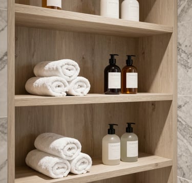 A high-end interior design shot of custom bathroom shelving and luxury storage. Features soft beige wood tones and marble gray accents, styled with rolled white towels and premium spa products in a North American setting.