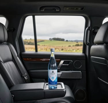 The interior of a premium vehicle showing spacious leather seating and a bottle of artisan water, with a view of the Canterbury plains out of the window in Oceania / New Zealand, soft natural light.