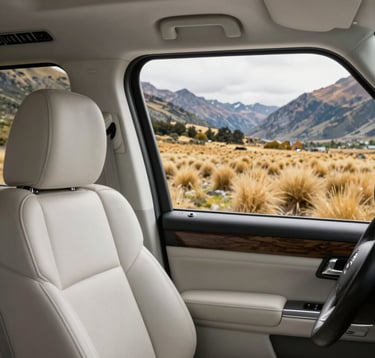 A close-up shot of the interior of a luxury vehicle, focusing on a clean off-white leather seat and a window view of the golden tussock landscapes of the Lindis Pass, Oceania / New Zealand. The lighting is soft and professional.