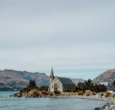 A serene, wide-angle photograph of the Church of the Good Shepherd by the pale blue-grey stone shore of Lake Tekapo, Oceania / New Zealand. The composition captures the muted teal water and the vast, peaceful landscape under a soft, diffused light.