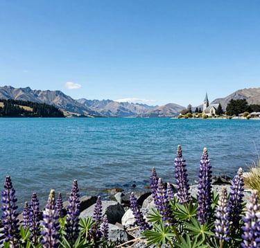 A wide photography shot of the turquoise waters of Lake Tekapo during spring, with purple lupins in the foreground and the Church of the Good Shepherd visible under a clear blue sky in Oceania / New Zealand.