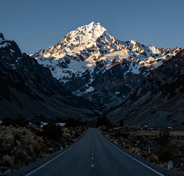 A majestic view of Aoraki / Mount Cook with its peak covered in off-white snow, framed by the dark navy shadows of the surrounding alpine valley. A winding, well-maintained road leads toward the mountain, Oceania / New Zealand, in high-contrast professional landscape photography.