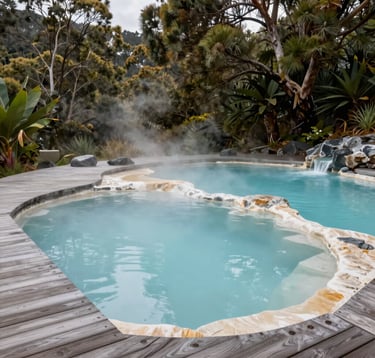The tranquil hot pools of Hanmer Springs, Oceania / New Zealand, surrounded by lush native trees and wooden decking. The water is steaming slightly in the cool alpine air, creating a luxury spa aesthetic with soft teal and off-white tones.