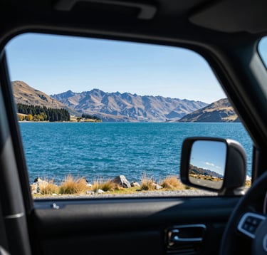 The view through a luxury vehicle's side window of the vibrant blue waters of Lake Tekapo, Oceania / New Zealand. The interior trim of the car is visible in the foreground, framing the stunning natural landscape.