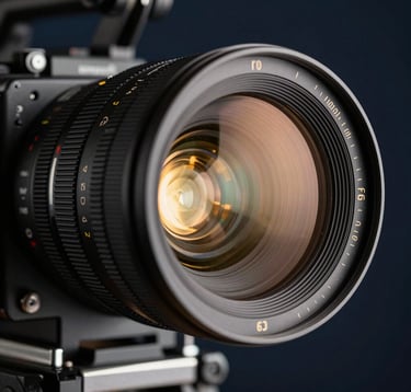 An extreme close-up of a professional cinema camera lens reflecting a warm gold studio light. The background is a blurred dark navy film set. The shot is high-contrast and emphasizes technical precision and modern cinematic craft.