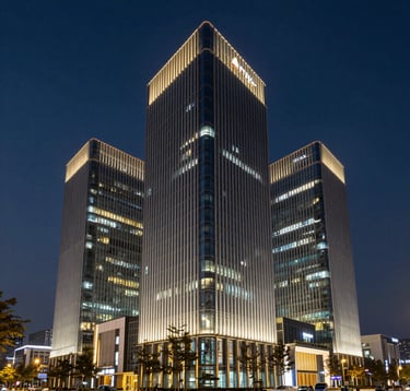 A wide shot of a modern architectural masterpiece in Seoul, South Korea. The building features sleek glass and steel with gold accent lighting at dusk. The sky is a deep navy. The composition is clean and minimalist, reflecting premium modern luxury.