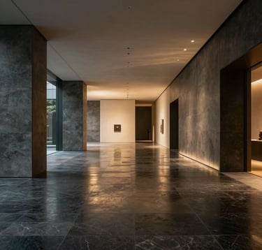 A high-end architectural photography shot of a sleek, modern gallery space in Seoul. The floor is polished dark stone reflecting soft gold ambient lighting. The atmosphere is quiet, luxurious, and cinematic.