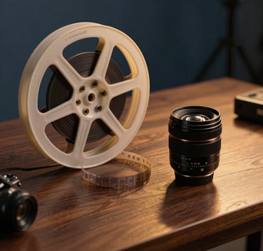 A professional cinematic still of a vintage film reel and a modern camera lens sitting on a dark oak desk. The lighting is warm gold against navy shadows, suggesting a high-end film production environment in Seoul.