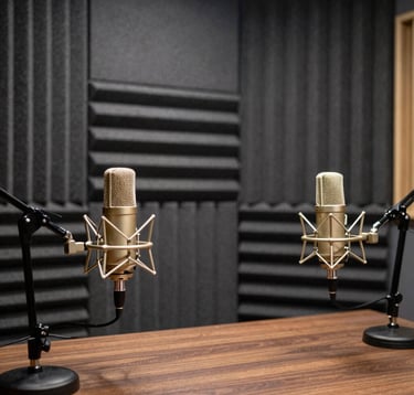 A sophisticated South Asian / Indian podcast studio interior with plush dark gray soundproofing, metallic gold microphones, and warm white atmospheric lighting.