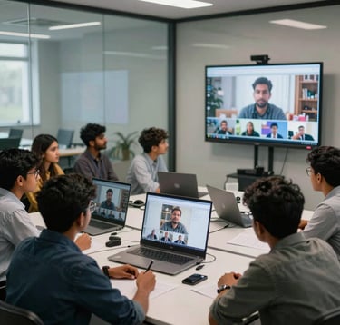 A group of diverse South Asian / Indian students engaged in an e-learning masterclass, looking at high-resolution screens with cinematic content. The environment is a sleek, modern academy with glassmorphism elements.