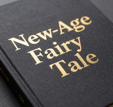 A close-up of a premium 'New-Age Fairy Tale' book. The cover features elegant serif typography and metallic gold foil embossing. It rests on a dark charcoal surface in a professional South Asian / Indian study.