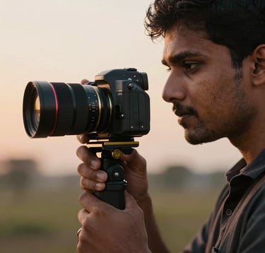 A close-up shot of a filmmaker in a South Asian / Indian setting, using a sleek handheld camera with metallic gold accents. The shot uses shallow depth of field, focusing on the intent look of the creator during a sunset shoot.