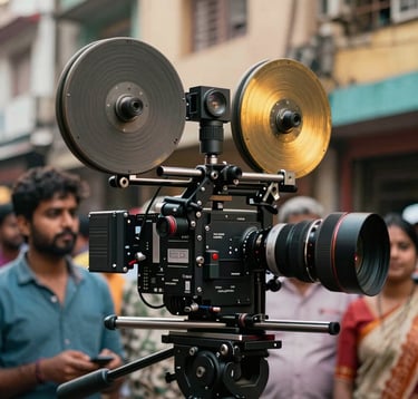 A dynamic close-up of a handheld film rig capturing a performance in a vibrant South Asian / Indian urban neighborhood, cinematic style with sharp focus and metallic gold highlights.