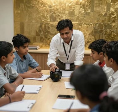 An inspiring photography of a media workshop in a South Asian / Indian city, where a professional mentor is guiding young students, metallic gold and white lighting.