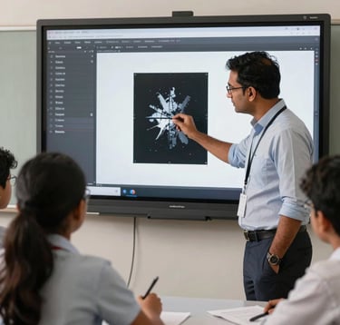 A professional mentor assisting a young student in a modern South Asian / Indian classroom environment. They are reviewing digital film projects on a large screen with high-contrast pitch black and white UI elements, reflecting the premium Academy brand.