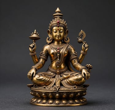 A macro photograph of an intricate South Asian / Indian handcrafted metallic sculpture. The lighting is moody and cinematic, highlighting gold textures against a deep charcoal background.