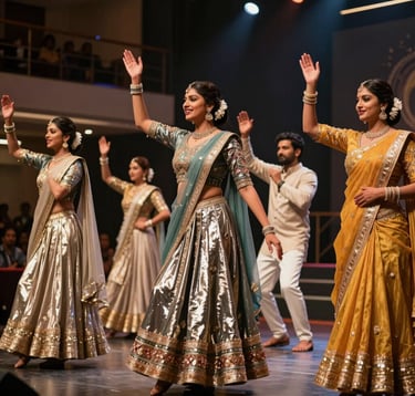 A vibrant, cinematic shot of a live theatrical performance in a modern South Asian / Indian venue. Performers are in elegant premium attire with metallic gold accents, captured in motion under dramatic theater lights.