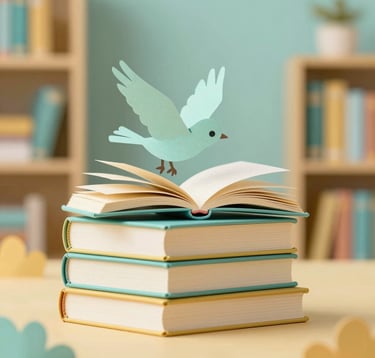 A creative, vibrant illustration showing a stack of children's books with a whimsical paper-cut style bird flying out of the pages. The composition is modern and imaginative, utilizing a soft teal (#7A9E9F) and warm gold (#D4B281) color scheme. The lighting is cheerful and bright, reflecting a resourceful and inviting library atmosphere.