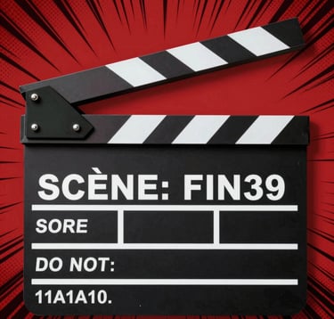 A comic book style graphic of a film clapboard. The design uses bold black borders and flat #D4202B red and #1A1A1A black stripes. The text on the clapboard says 'SCÈNE: FIN' in a typewriter font. The image has a heavy halftone texture and a vintage paper feel.