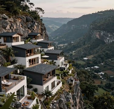 A wide, high-resolution shot of a sustainable eco-resort integrated into a cliffside, overlooking a pristine valley. The scene reflects luxury and environmental responsibility, using a palette of dark slate grey and off-white.