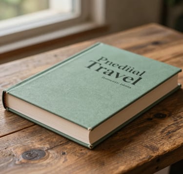 A close-up of a premium, hardcover travel book on a rustic wooden table. The cover is a minimalist soft sage green design with professional typography. In the background, a soft-focus view of a reading nook with a hint of nature.