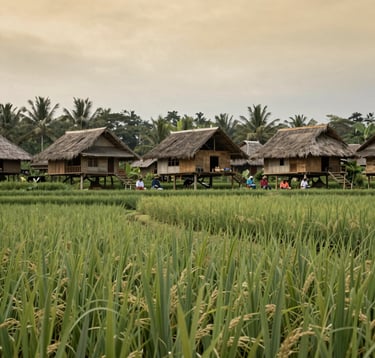A wide landscape shot of a sustainable eco-village in Indonesia. Local craftsmen are visible in the background, surrounded by terraces of soft sage green rice fields under a warm, overcast sky.