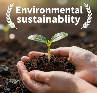 A close-up shot of a small green sprout being held by hands against a background of dark charcoal soil. The lighting is warm and hopeful, with soft pearl bokeh in the background. The image conveys a professional commitment to environmental sustainability.
