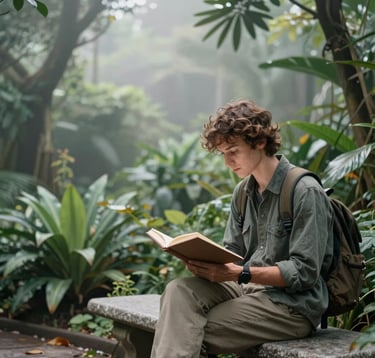 A medium shot of a traveler sitting on a stone bench in a botanical garden, reading a travel journal. The environment is filled with muted sea green plants and soft mist white light filtering through the leaves.