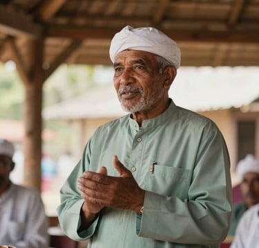A professional portrait of a local community leader in traditional attire sharing stories under a wooden pavilion. The lighting is warm and inviting, emphasizing a mood of trust and cultural connection using soft sage and muted sea green tones.