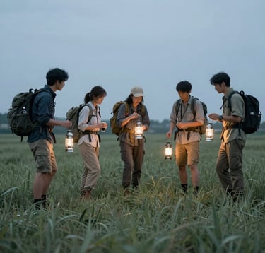 A group of explorers engaged in an immersive outdoor activity, viewed from a medium distance in a pale sage green meadow at twilight. The scene is lit by the soft pearl glow of a lantern, creating an inviting atmosphere.