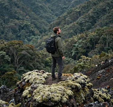 A professional photograph of a conscious traveler standing on a volcanic ridge, looking out over a valley filled with muted sea green forests. The lighting is soft and natural, emphasizing textures of pale sage green moss on the rocks.